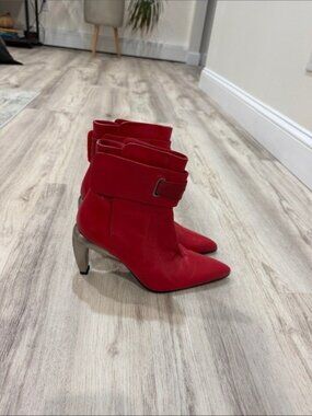 DIESEL HOT RED LEATHER Women's Pointed Ankle Boots with Buckle Strap SIZE 6 Y2K